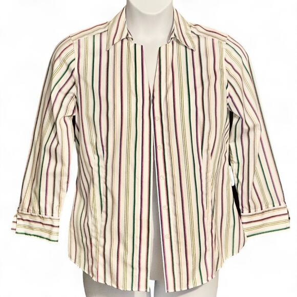 Taylor Gold Label Button Up Shirt Size 10 V Neck Top Colorful Striped 3/4 Sleeve - Picture 3 of 13